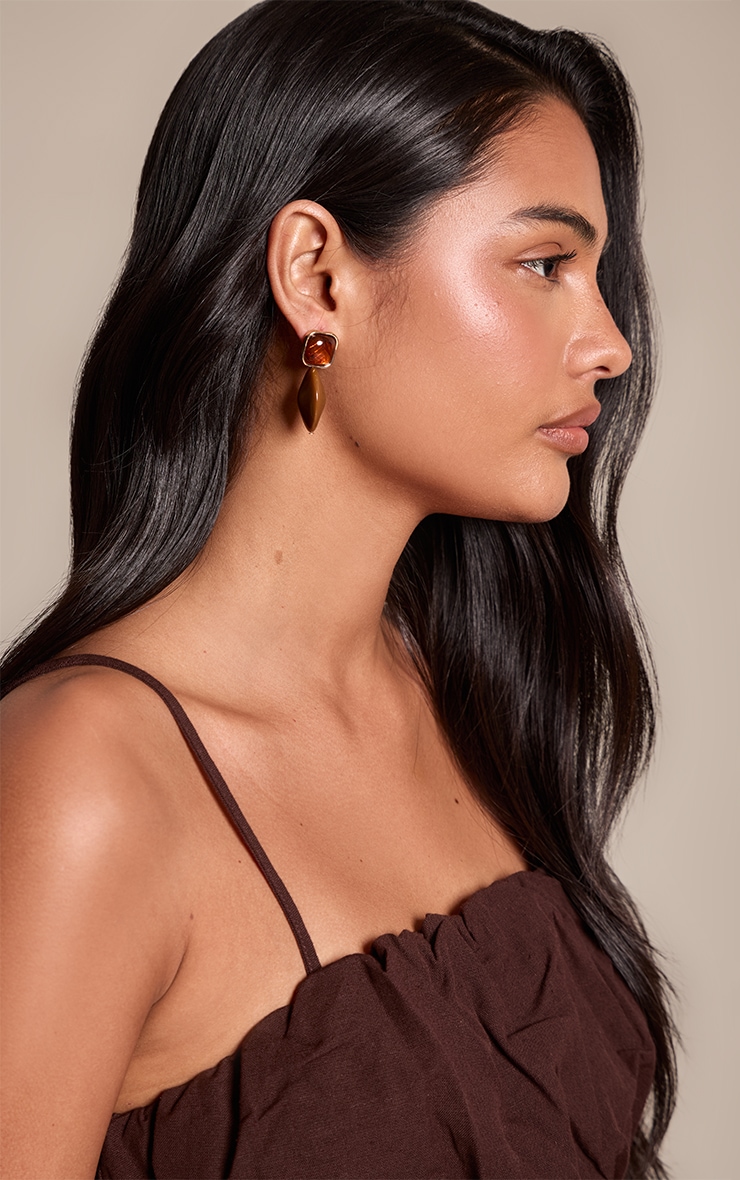 Gold Backed Amber Square Draped Earrings