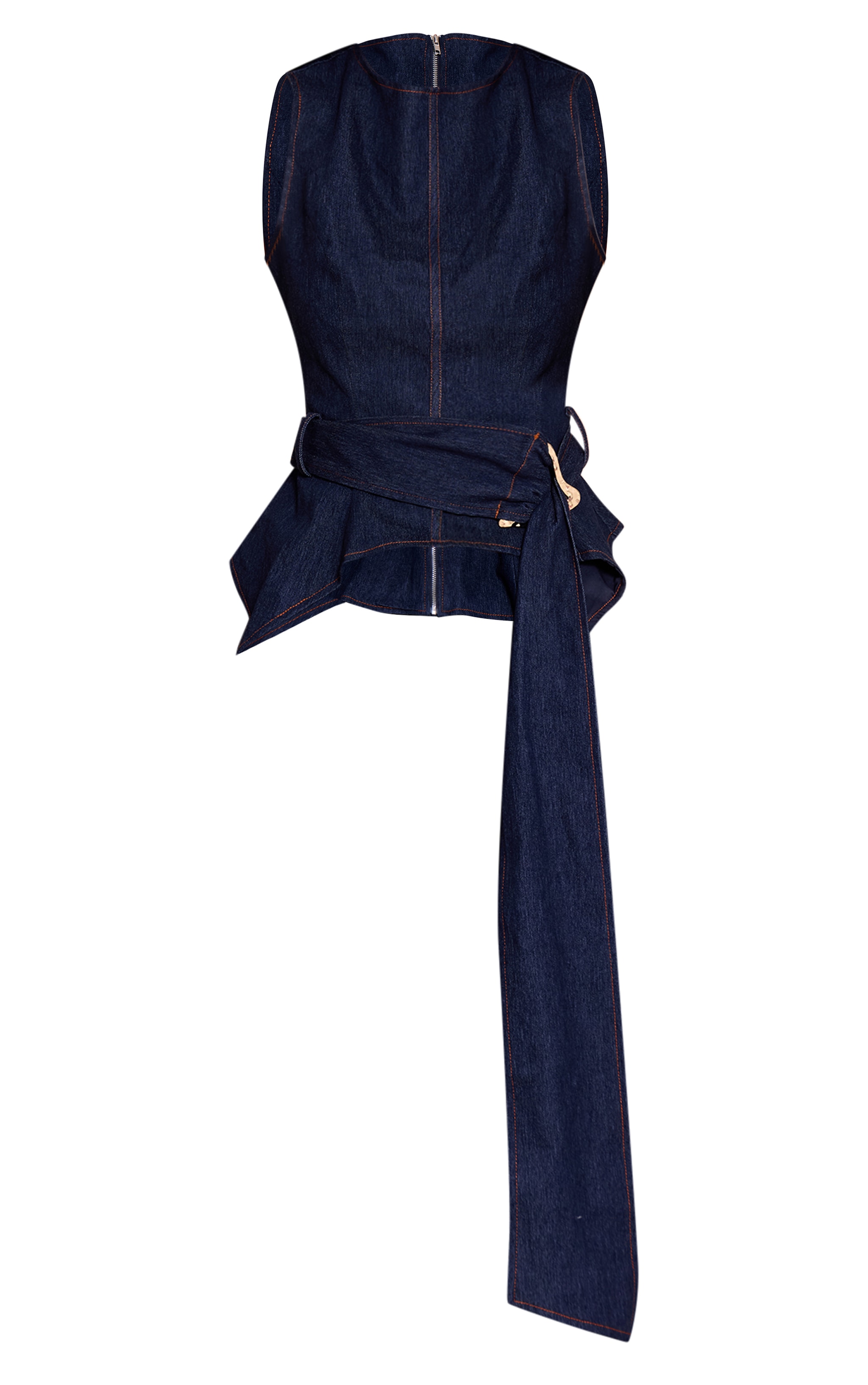 Indigo Blue Chambray Denim Belted Trim Detail Peplum Top image 5
