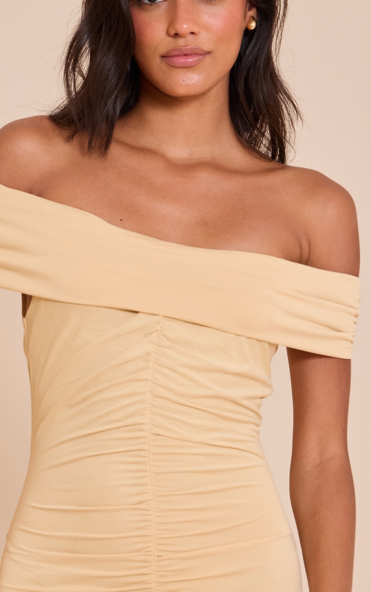 Mini robe modal crème au beurre froncée à col bardot drapé image 4
