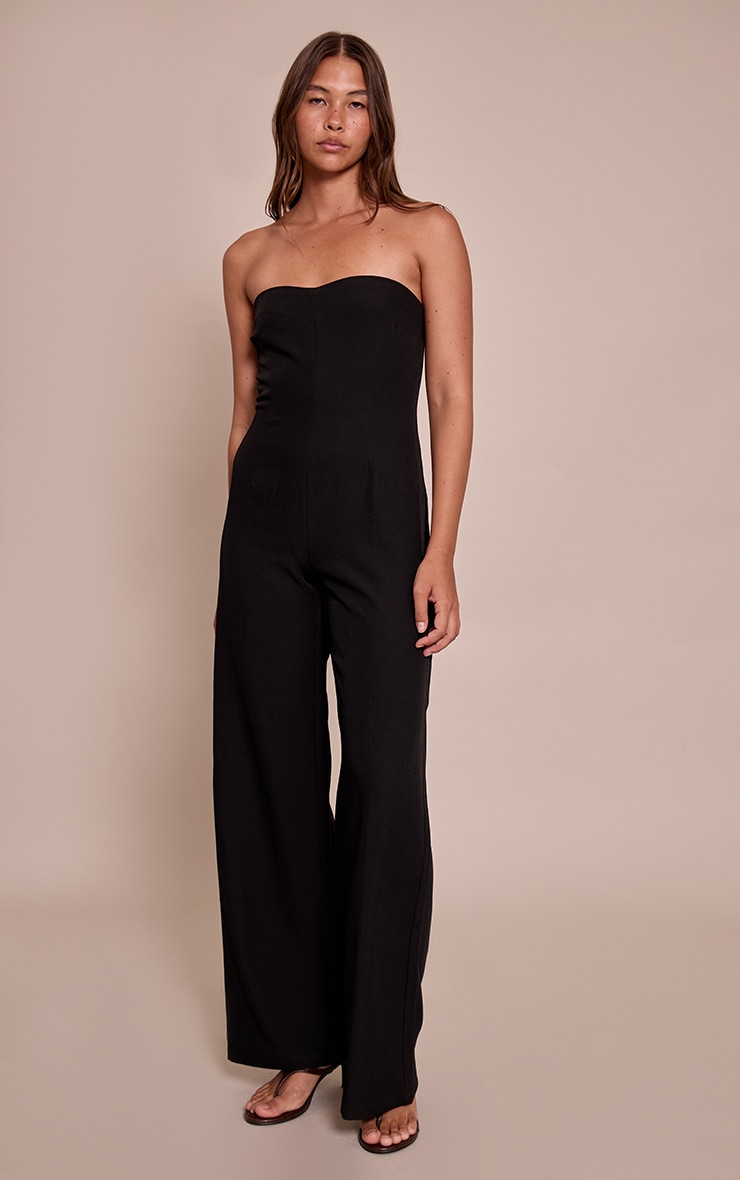 Black Woven Sweet Heart Neck Wide Leg Jumpsuit image 3