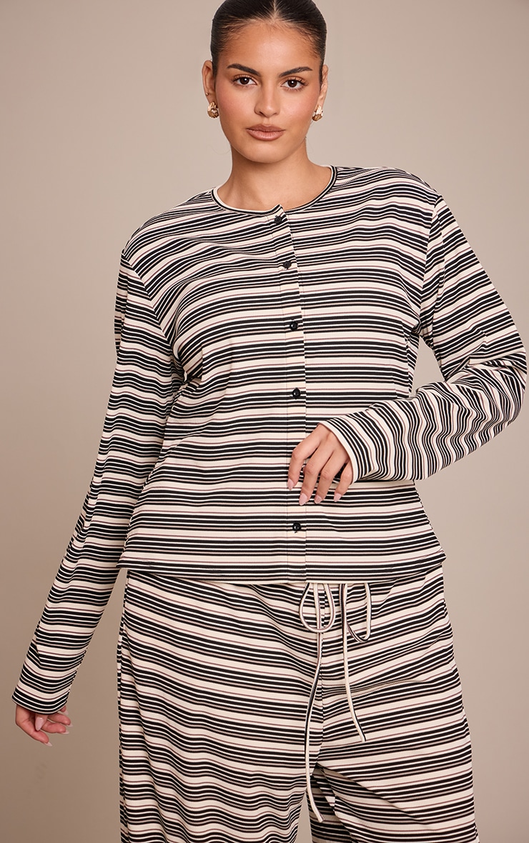 Plus Black Stripe Soft Rib Fitted Button Up Top