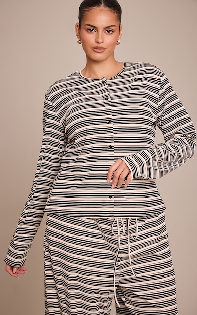 Plus Black Stripe Soft Rib Fitted Button Up Top