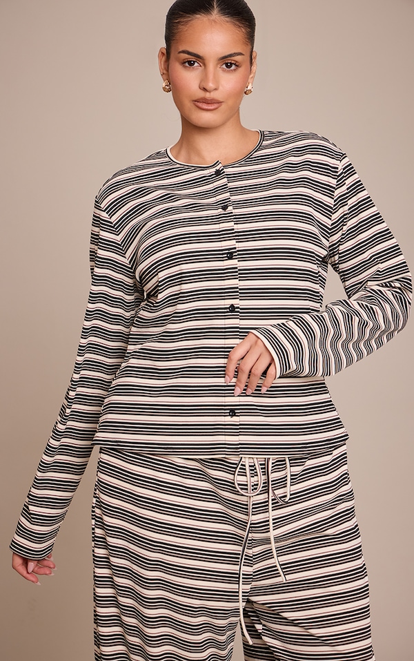 Plus Black Stripe Soft Rib Fitted Button Up Top