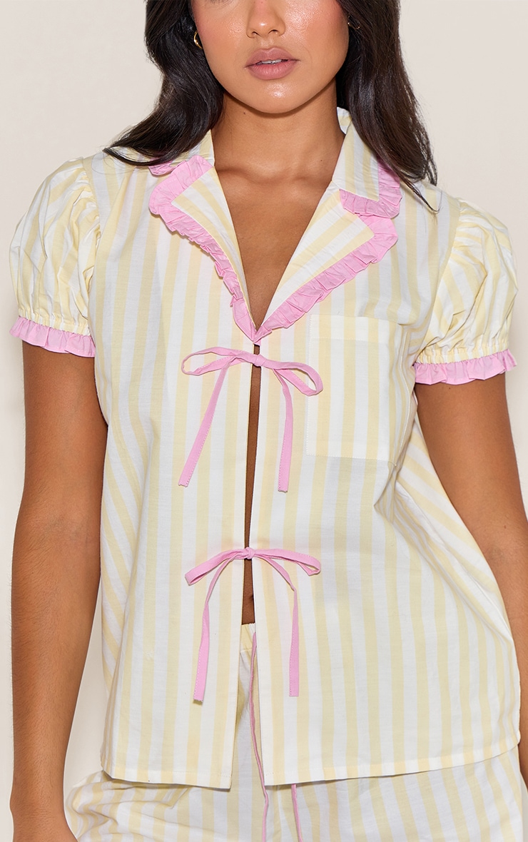 Lemon Tie Front Frill Collar Detail Stripe Short Pj Set image 4