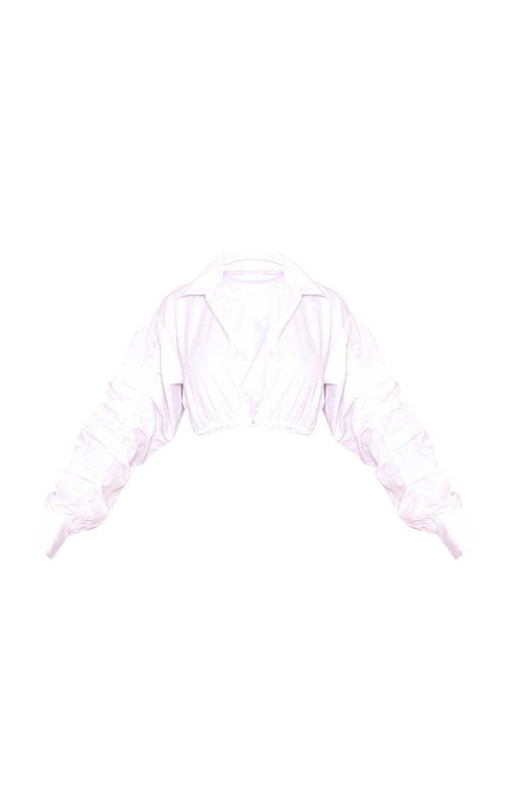 White Ruched Sleeve Cropped Shirt image 5