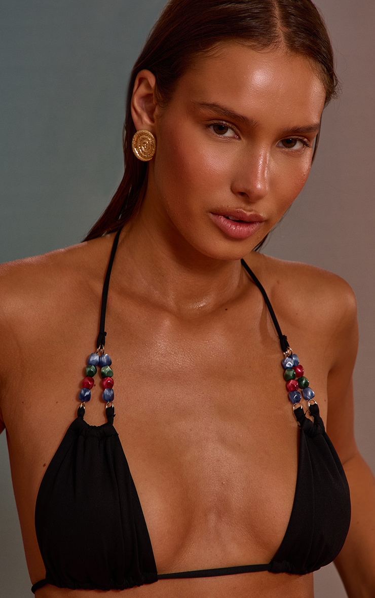 Black Bead Trim Double Strap Triangle Bikini Top image 4