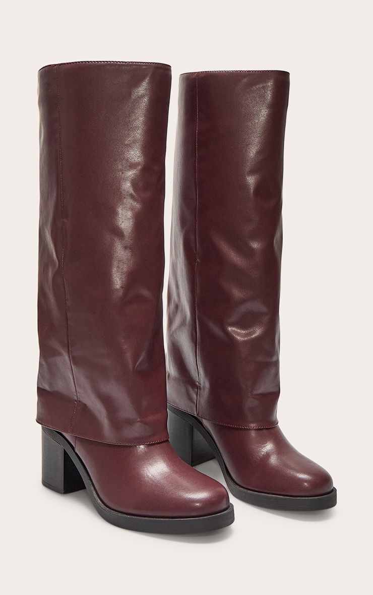 Bottes rondes en PU bordeaux repliées à petit talon carré image 2