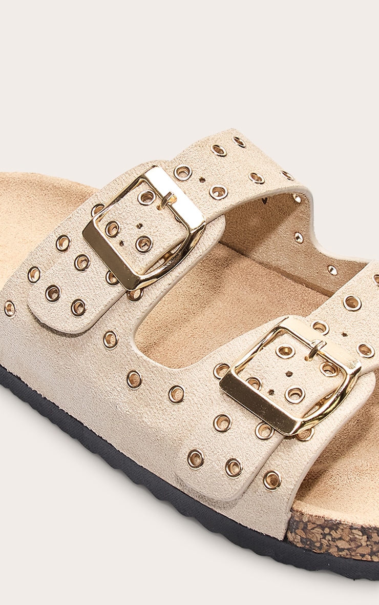 Beige Faux Suede Double Buckle Eyelet Footbed Sandals image 3