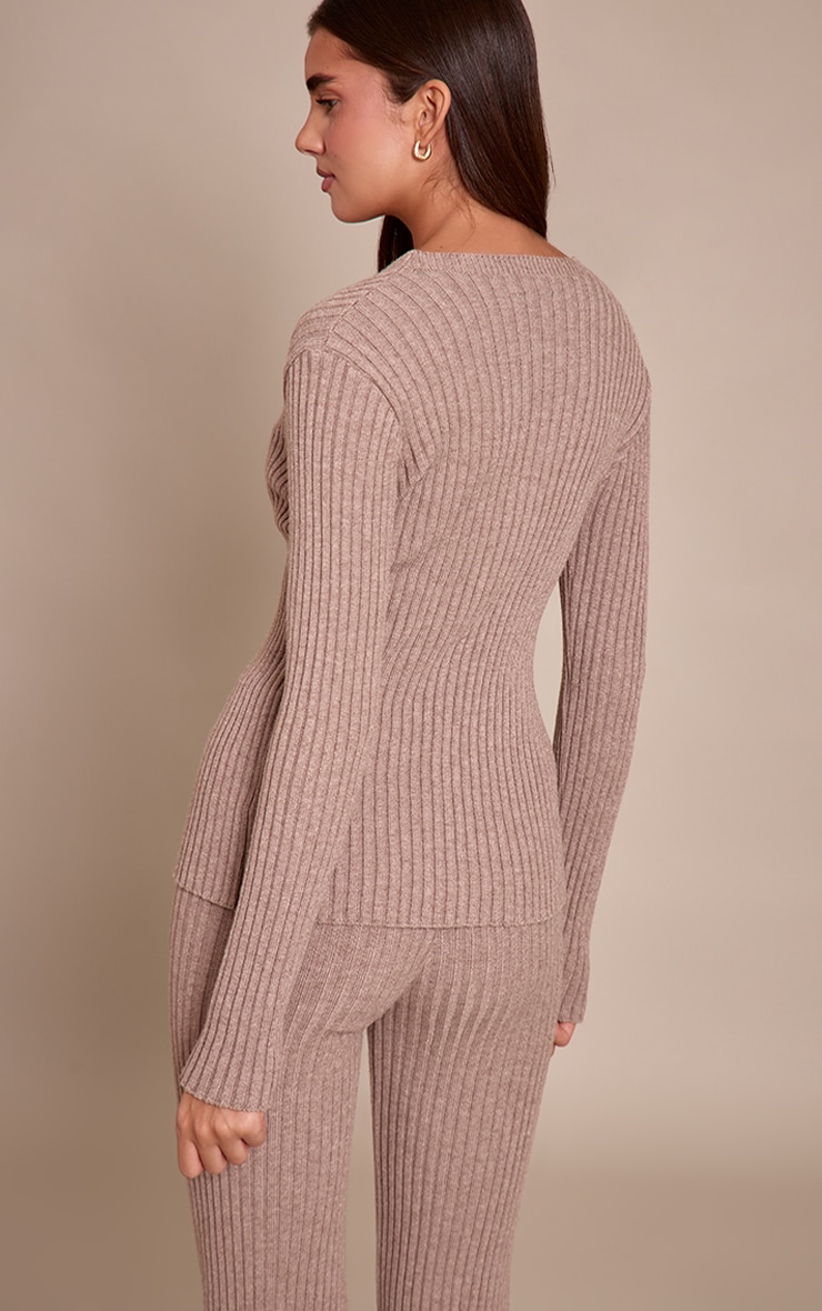 Taupe Ribbed Knitted Long Sleeve Button Down Cardigan image 2