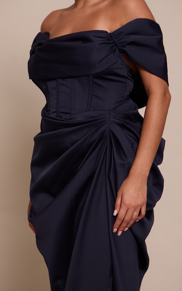 Plus Navy Corset Bardot Draped Midi Dress image 4