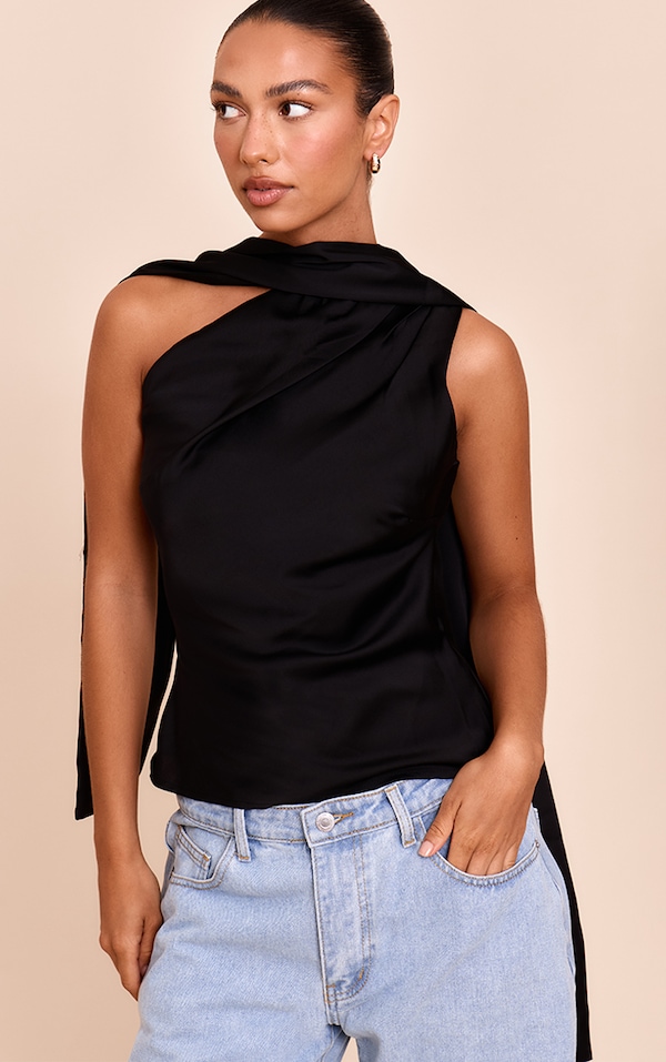 Black Satin Asymmetric Scarf Detail Top