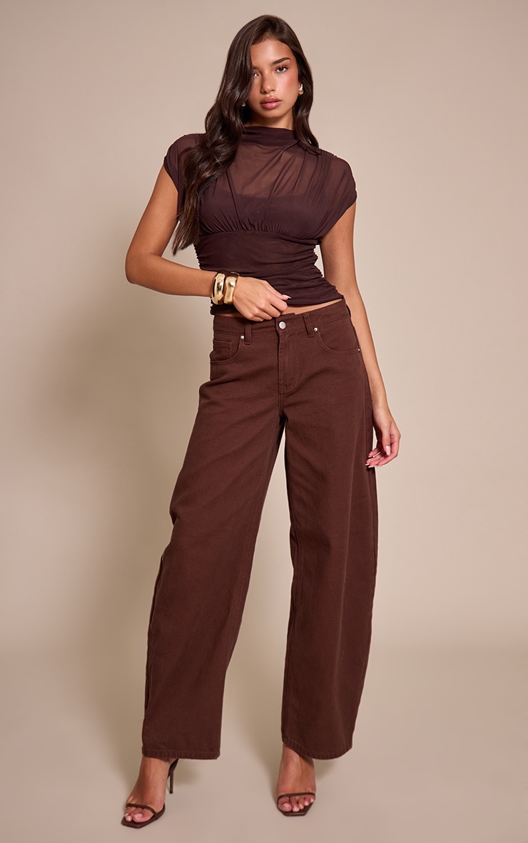 Chocolate Mesh High Neck Waist Detail Top  image 3