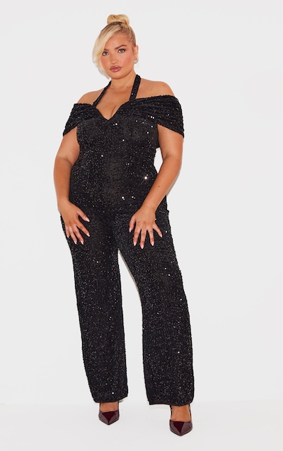 Plus Black Velour Sequined Bardot Halter Neck Strap Jumpsuit