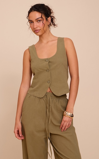 Khaki Tailored Linen Look Scoop Neck Fitted Waistcoat