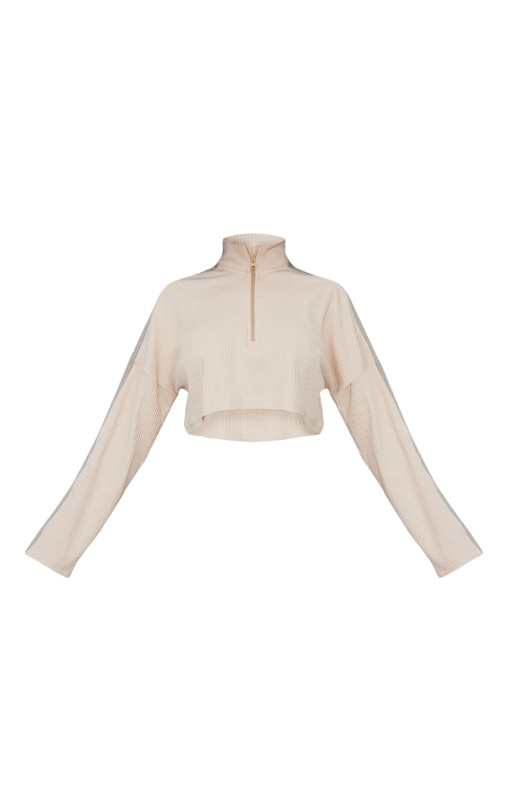 Beige Thick Rib Panelled Sleeve Detail Half Zip Cropped Sweat image 5