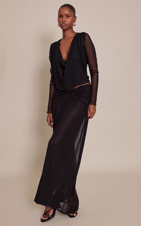Black Mesh Twist Front Detail Floaty Maxi Skirt
