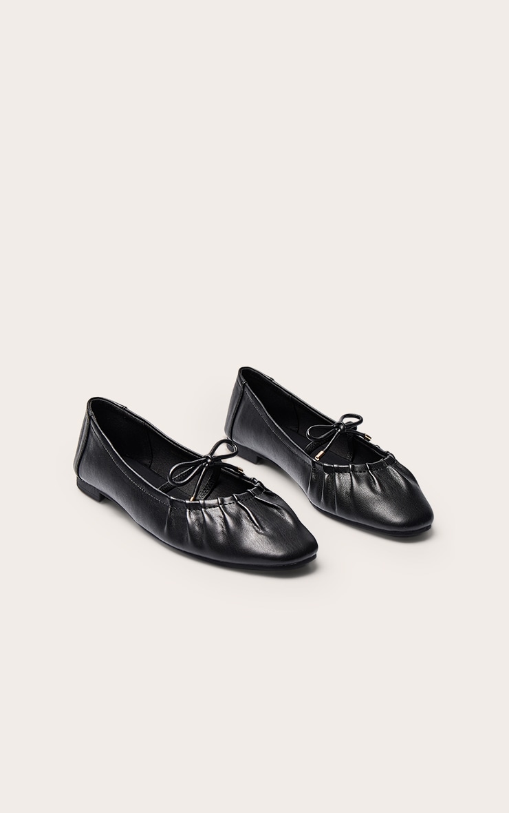 Black Bow Ruched Square Toe Ballet Flats image 3