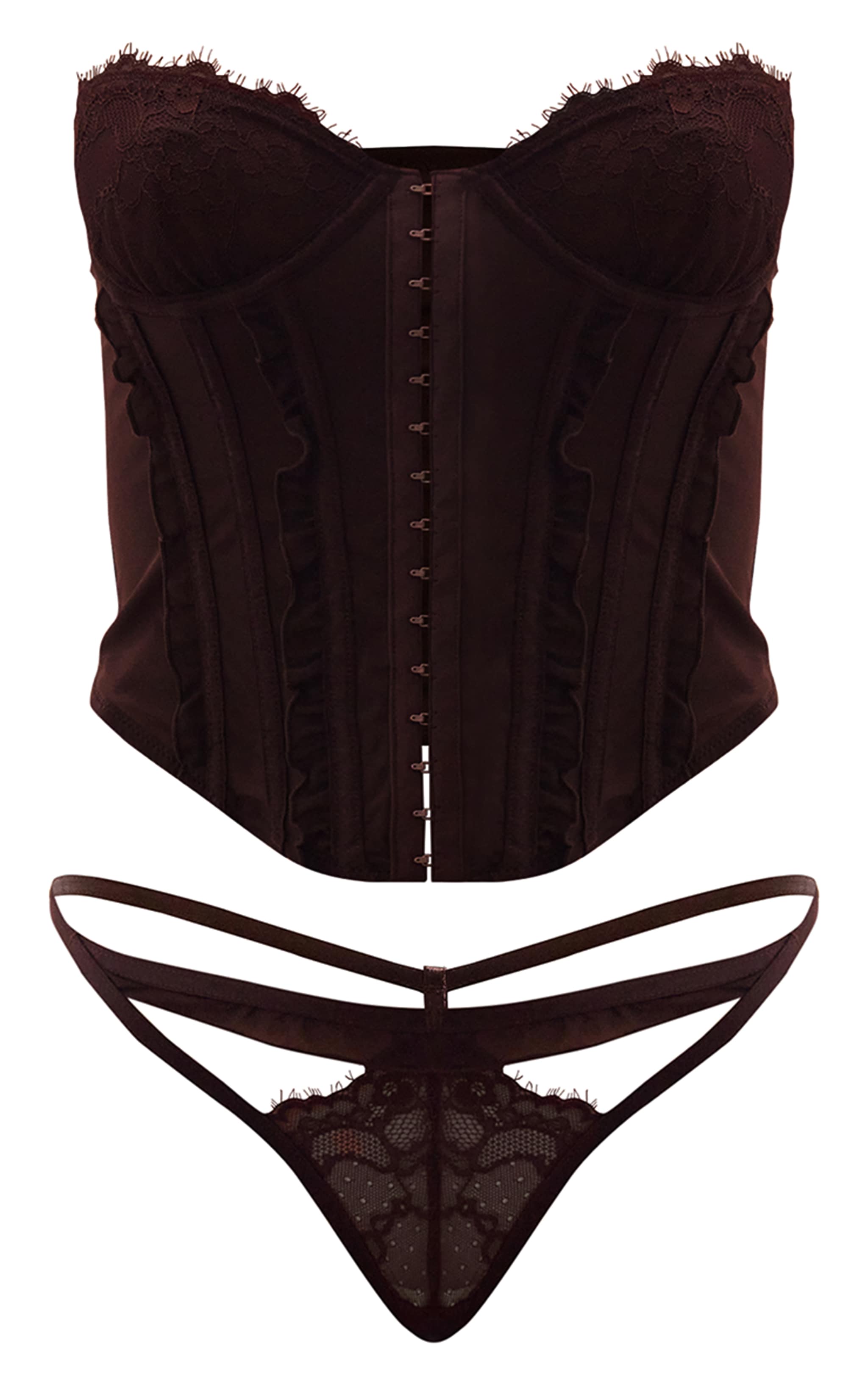 Chocolate Lace Trim Detail Corset Set image 5