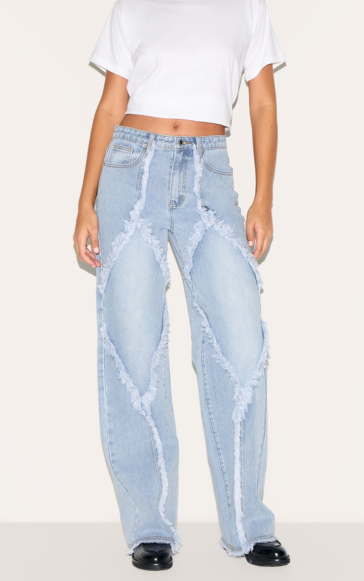 Tall Light Blue Wash Mid Rise Raw Seam Detail Wide Leg Jeans image 1