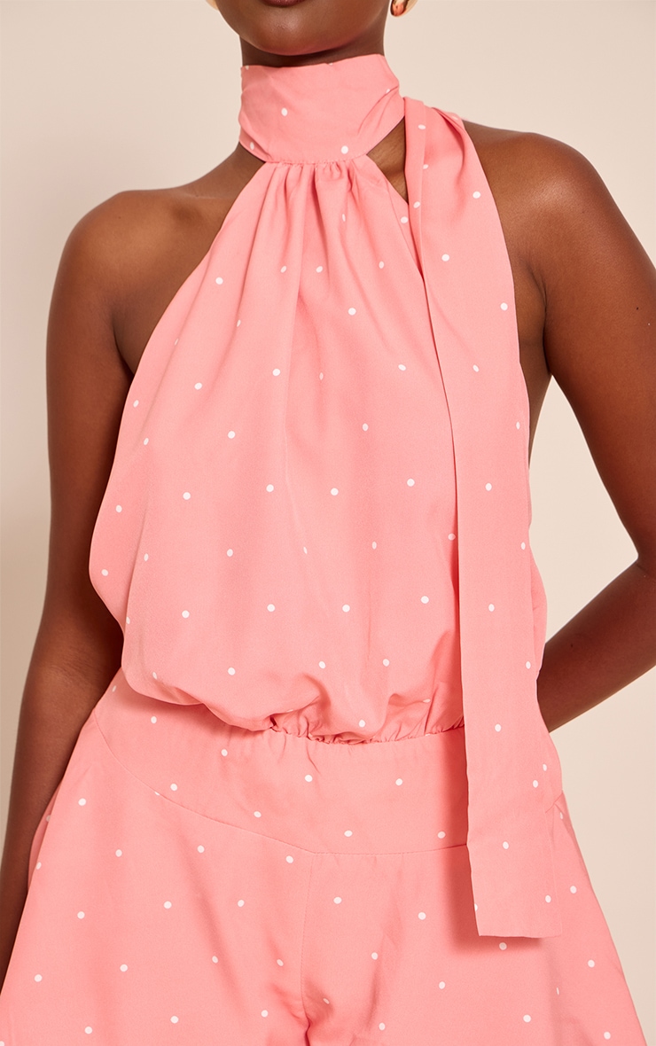 Pink Pokadot Halter Neck Neck Scarf Detail Romper image 4