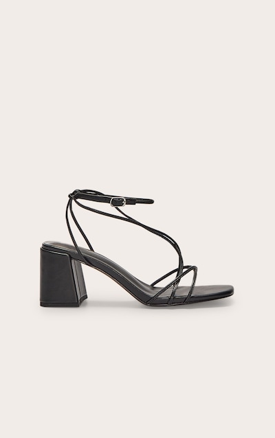 Sandales rondes en PU noir à talon carré moyen et brides fines