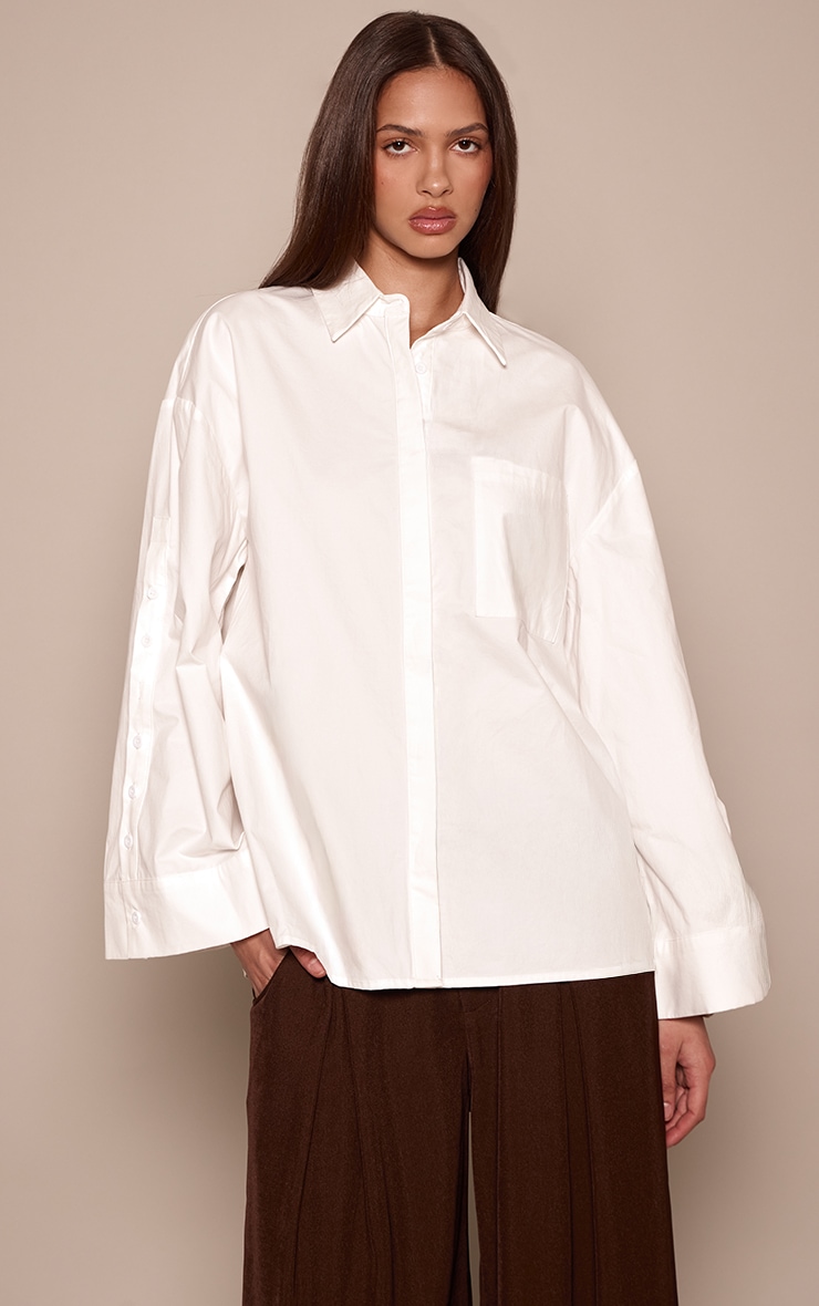 White Cotton Button Sleeve Detail Oversized Shirt image 1