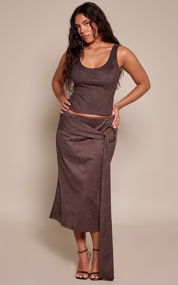 Shape Chocolate Suede Trim Detail Midi Skirt