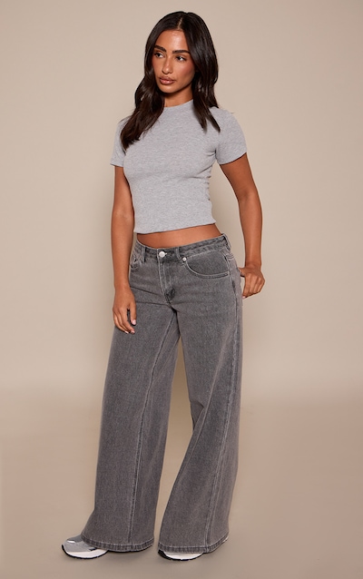 Petite Grey Mid Rise Stretch Wide Leg Jeans