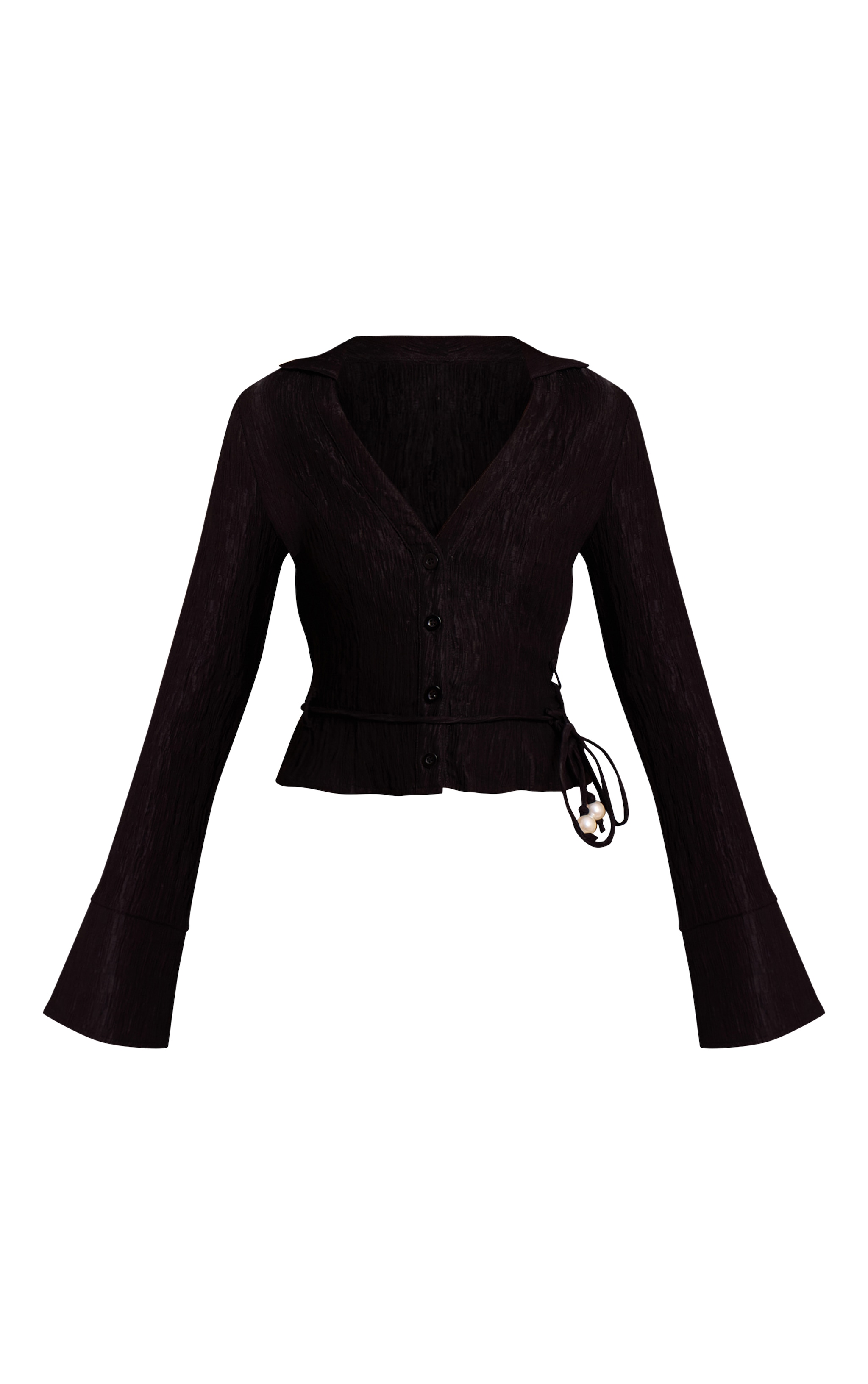 Black Crinkle Textured Bead Detail Fitted Shirt image 5
