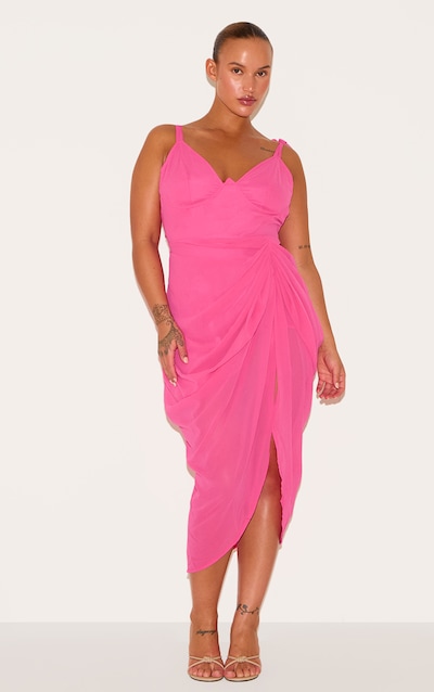 Plus Hot Pink Underwire Detail Draped Midi Dress
