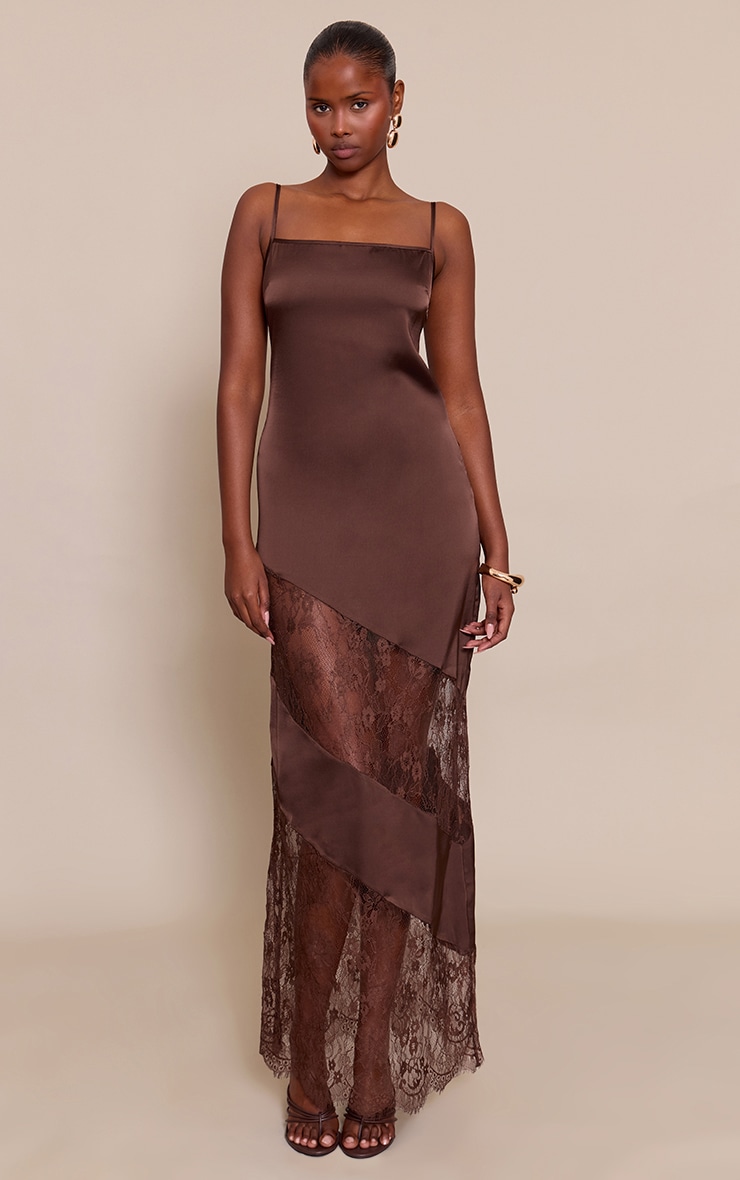 Chocolate Lace Panel Strappy Maxi Dress