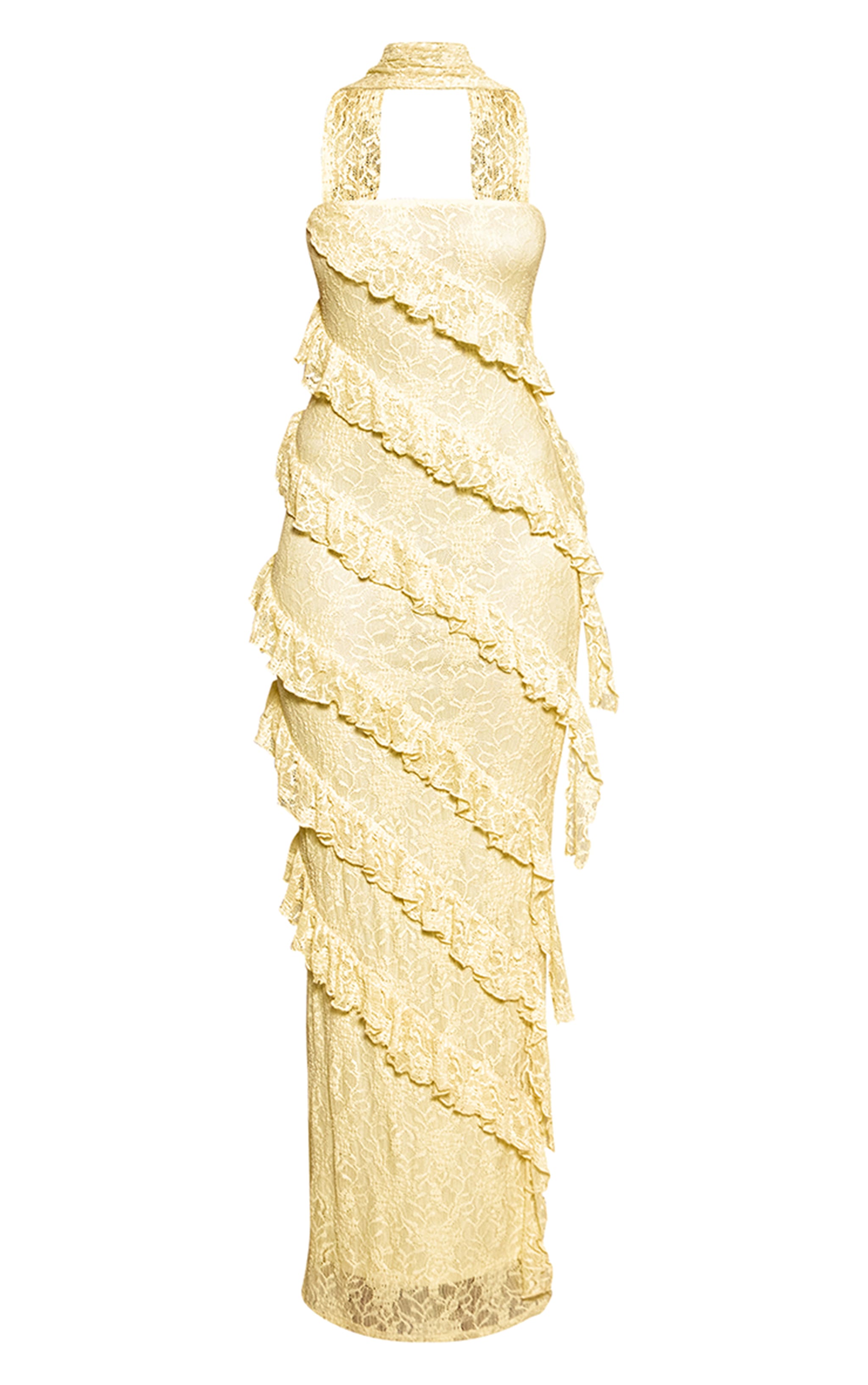 Robe longue asymétrique en dentelle jaune citron à détail foulard image 5