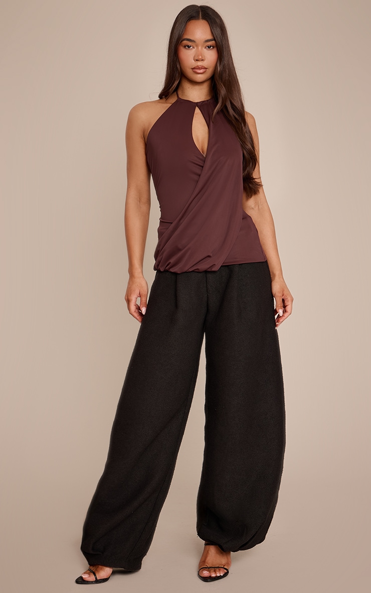 Chocolate Matte Sculpt Halter Neck Drapey  Long Top  image 3