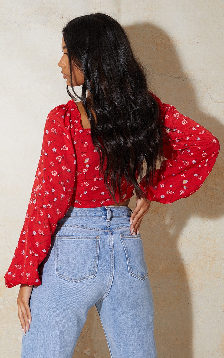 Red Ditsy Floral Mesh Cup Long Sleeve 