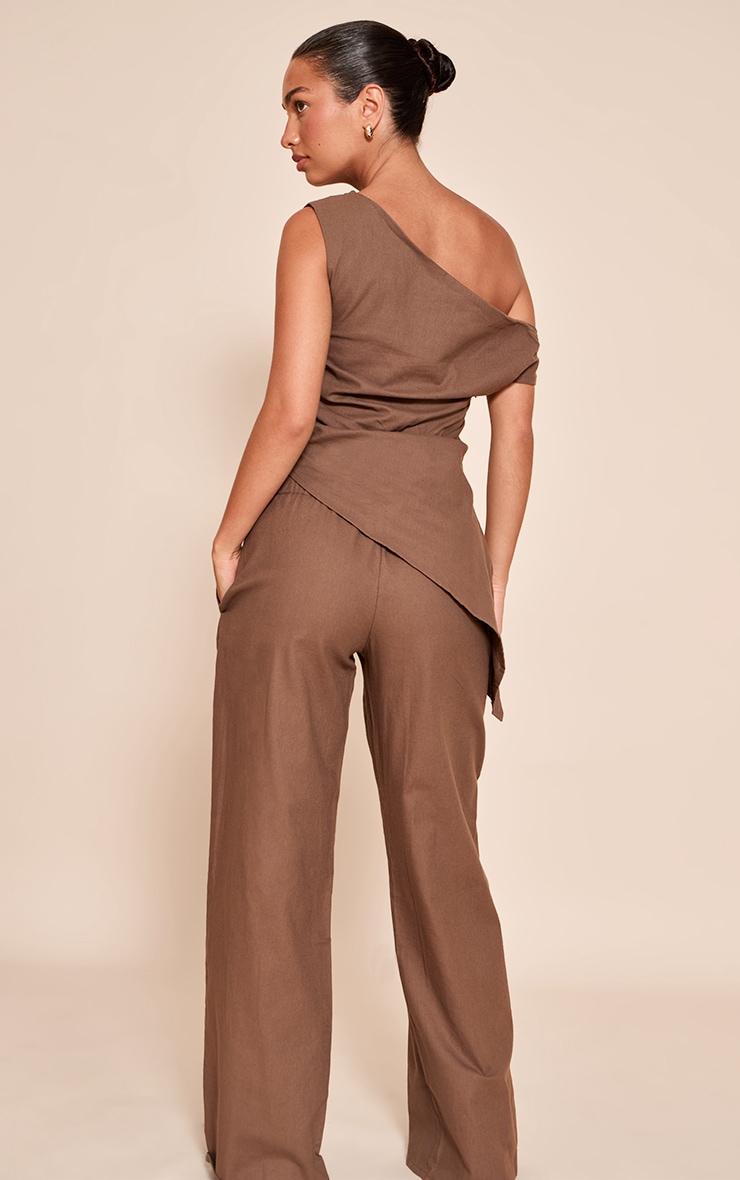 Chocolate Woven One Shoulder Asymmetric Long Top image 3