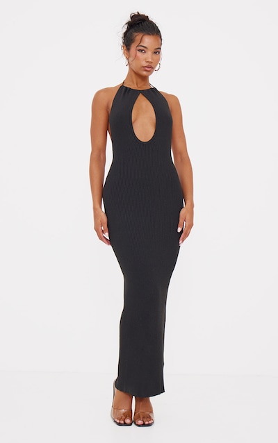Robe longue en maille fine noire à dos nu