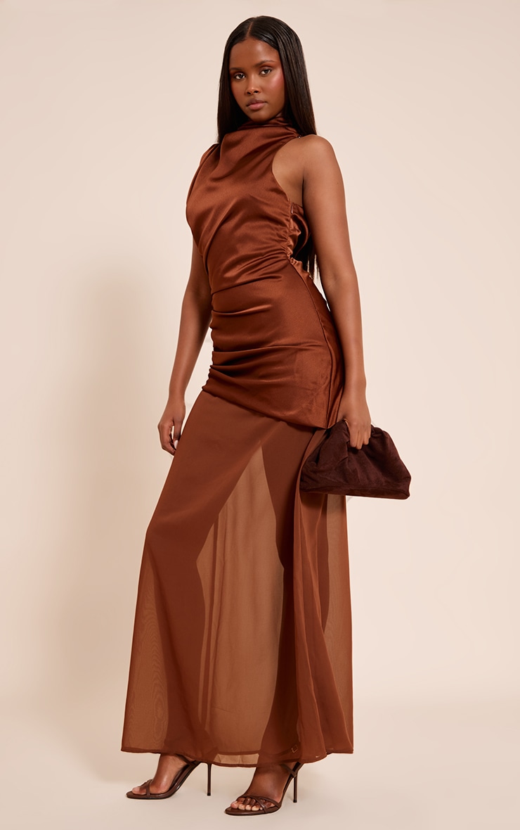 Chocolate Satin Contrast Ruched Detail Maxi Dress image 3