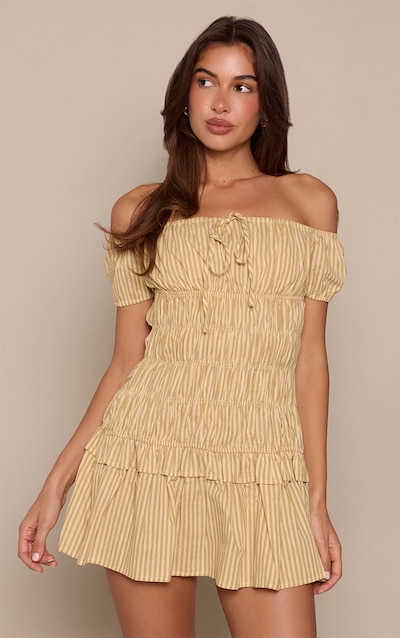 Mustard Pinstripe Bardot Ruched Shift Dress