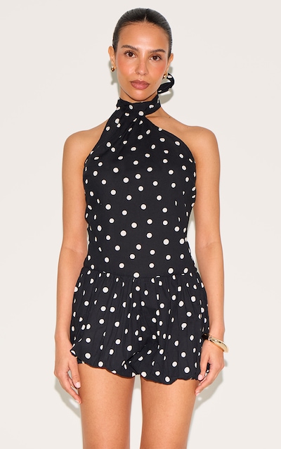 Petite Combishort en effet lin noir à pois et dos nu