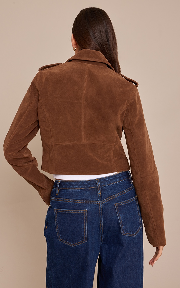 Brown Basic Faux Suede Pocket Detail Biker Jacket image 2