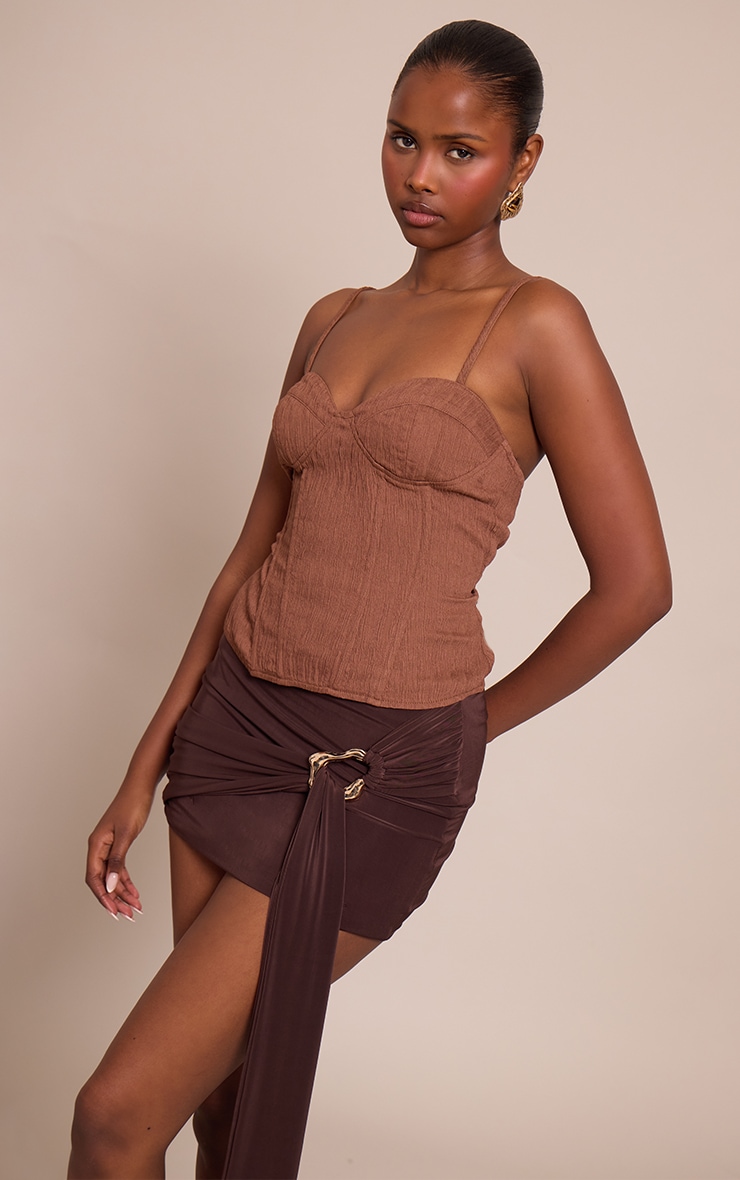 Chocolate Double Layer Trim Detail Slinky Mini Skirt image 4
