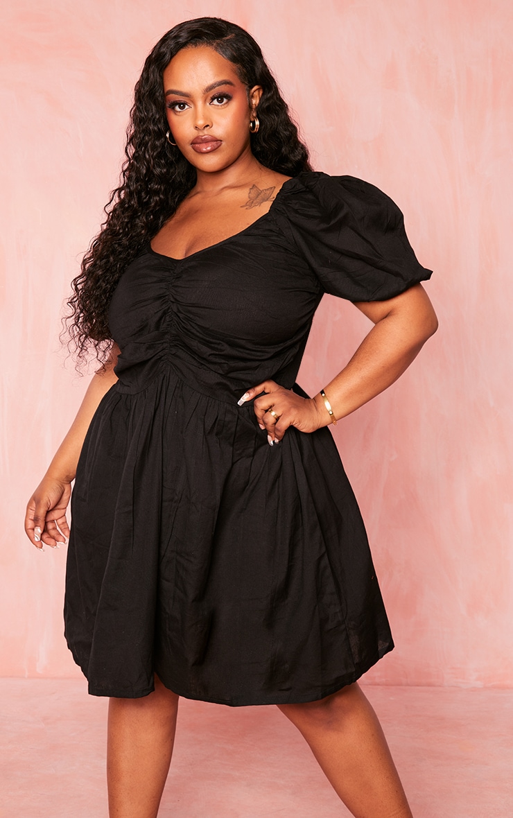 Plus Black Linen Look Puff Sleeve Dress image 3
