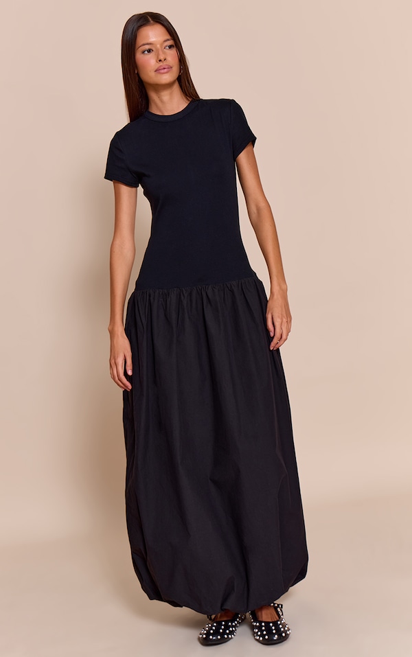 Black Dropped Waist T Shirt Puff Ball Hem Maxi Dress