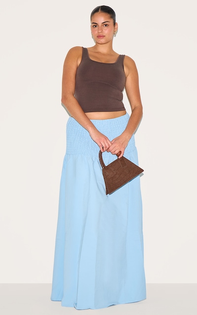 Plus Baby Blue Shirred Waist Cotton Poplin Maxi Skirt