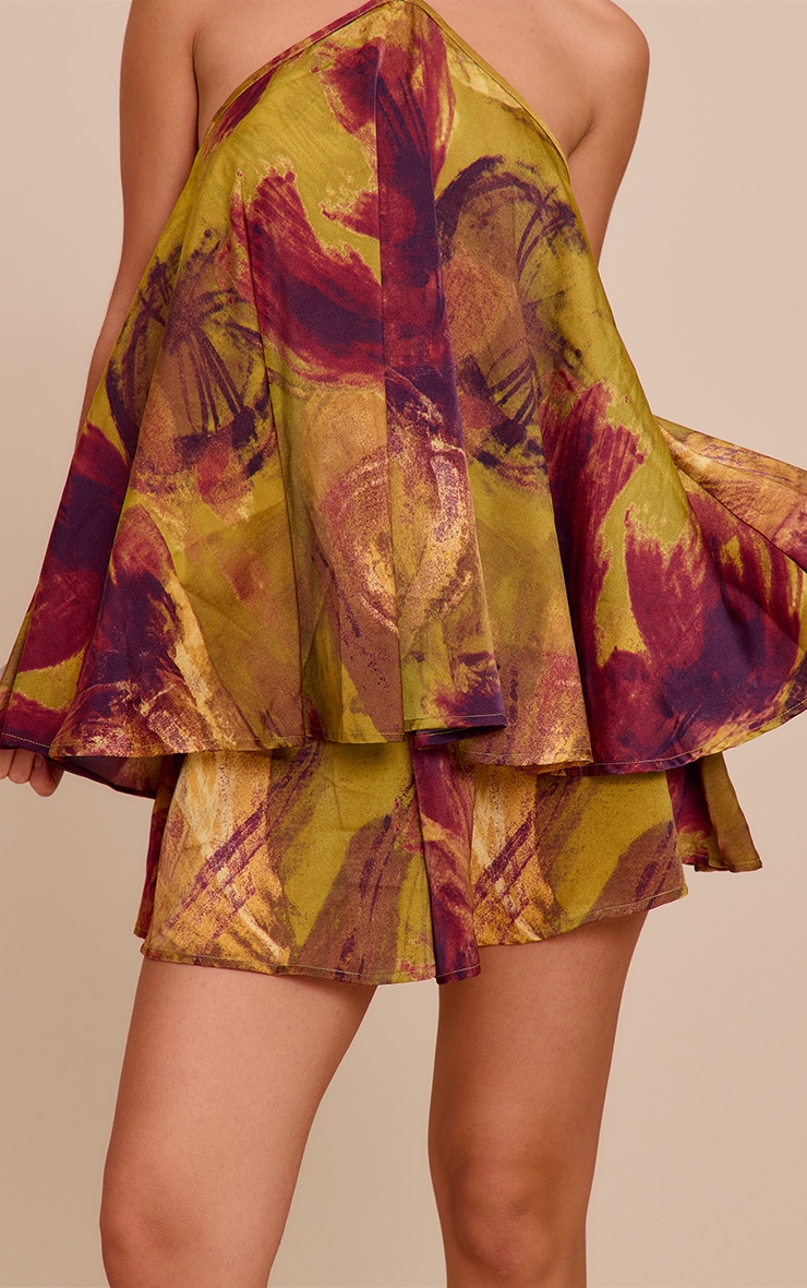 Olive Abstract Print Satin Floaty Shorts image 5