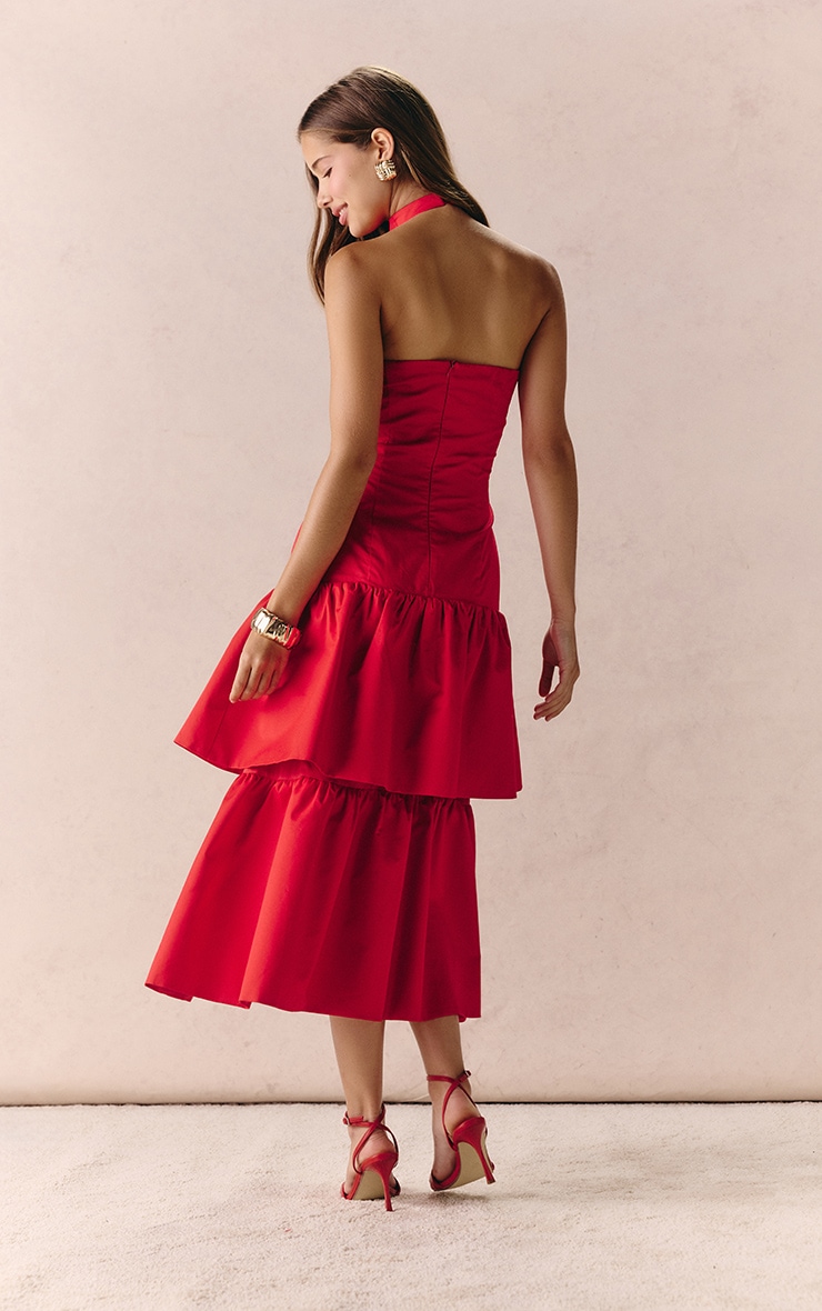 Red Dropped Hem Tiered Frill Halterneck Midi Dress image 2
