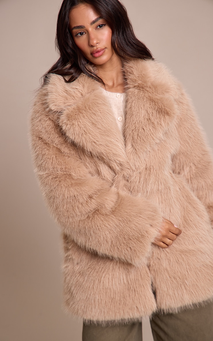 Petite Beige Oversized Midi Faux Fur Coat image 1