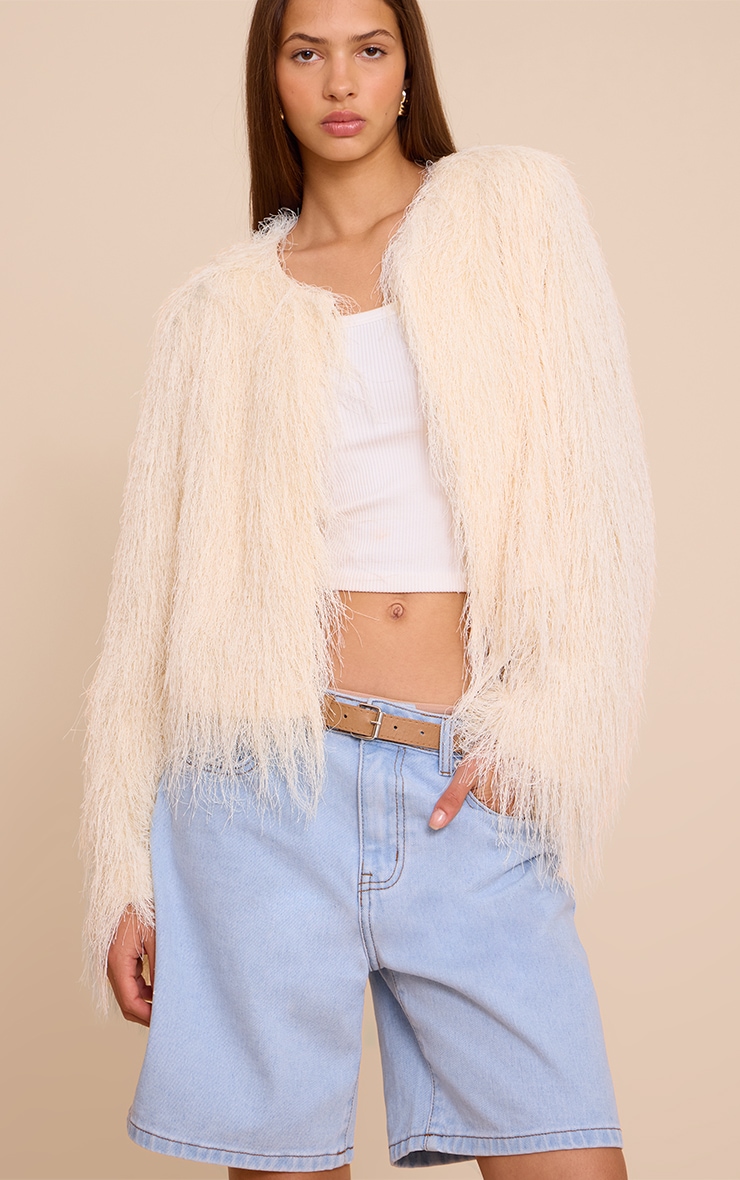 Cream Collarless Fringe Jacket image 4