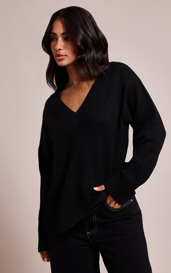 Petite Black Knit V-neck Sweater
