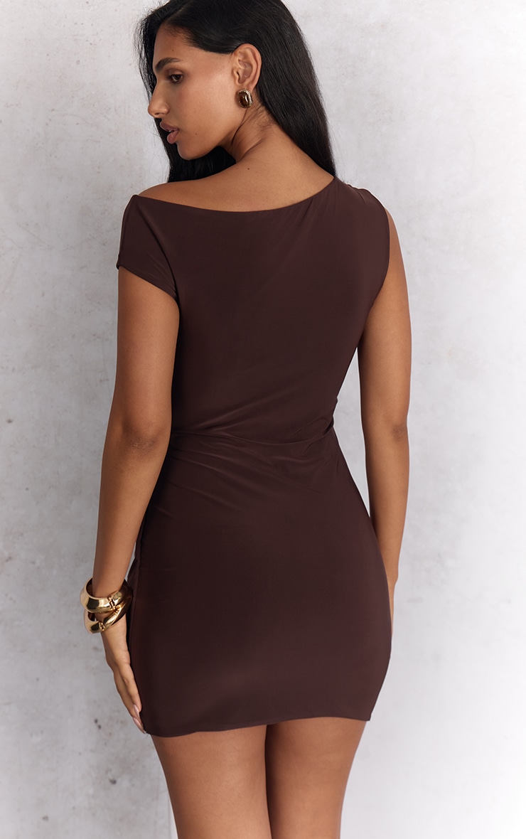 Chocolate Slinky Asymmetric Drape Bodycon Mini Dress image 2